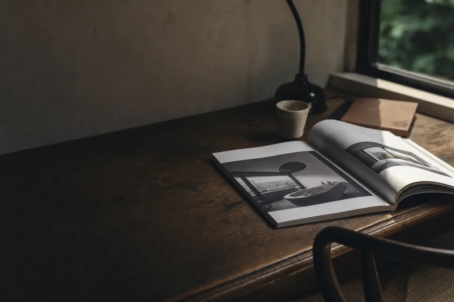 Reading desk with an open magazine